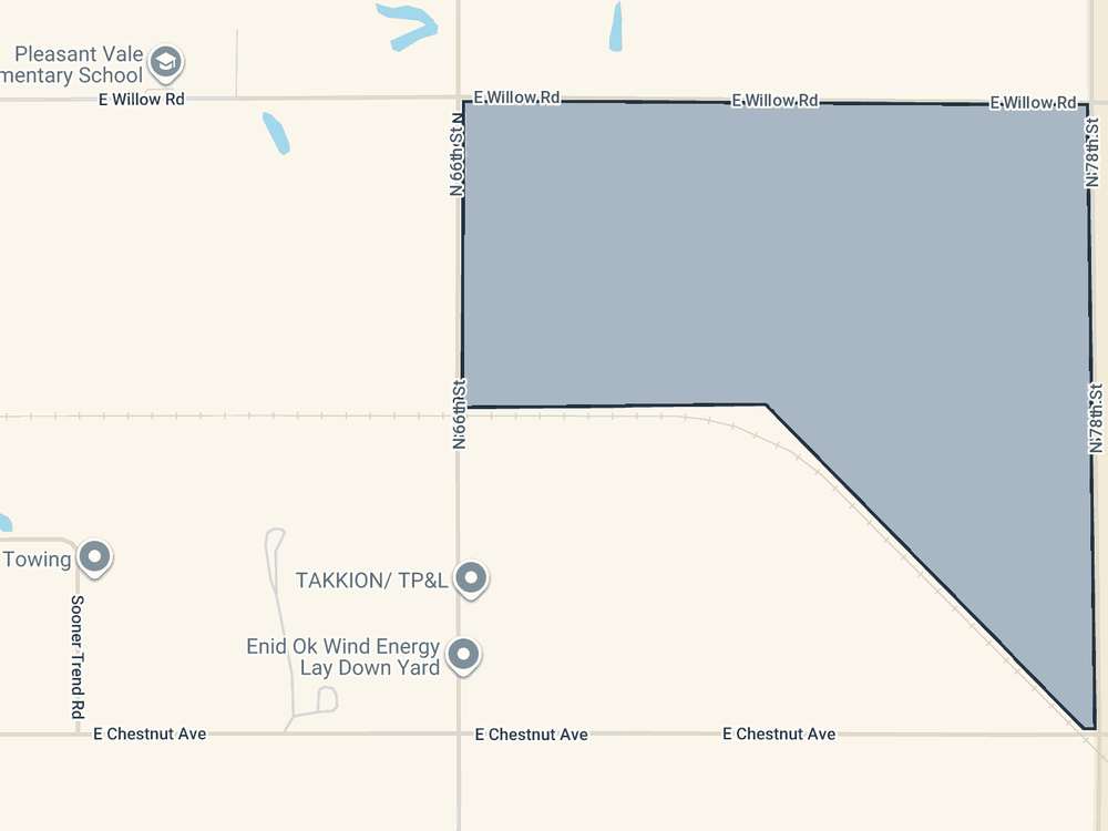 Parcel map of the proposed East campus at the 66th Street Industrial Park, bounded by East Willow Road on the north, North 66th Street on the west and North 78th Street on the east, with a diagonal southeast edge following the rail line.